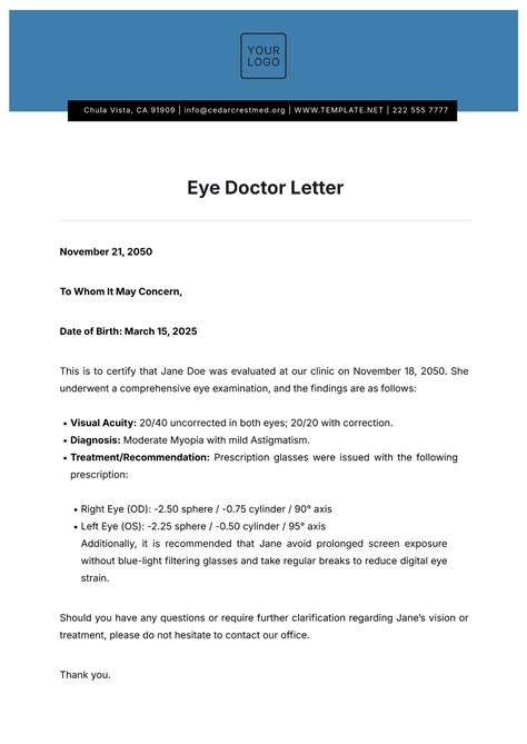 Free Eye Doctor Letter Template to Edit Online