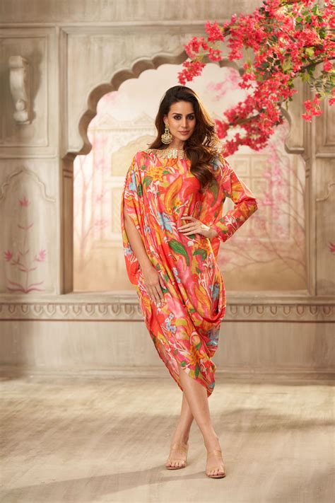 Cotton Orange Floral Printed Boat Neck Draped Dress – The Arab Crab