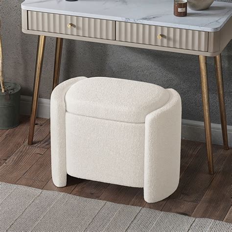 Off-White Boucle Dressing Table Stool with Ottoman Storage - Taryn ...