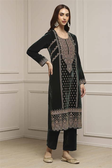 Buy Dark Green Velvet Straight Winter Kurta Set Online at Biba Global