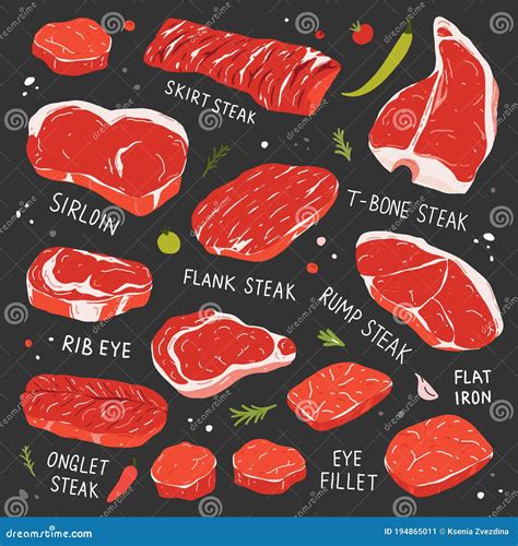 Steak Collection, Various Types of Beef Steak, Realistic Illustration ...