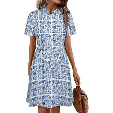 Blue And White Chinoiserie Bird Flower Womens Shirt Dresses Women'S ...