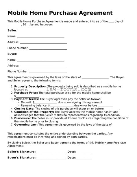 Printable Mobile Home Purchase Agreement Template – Legal Forms