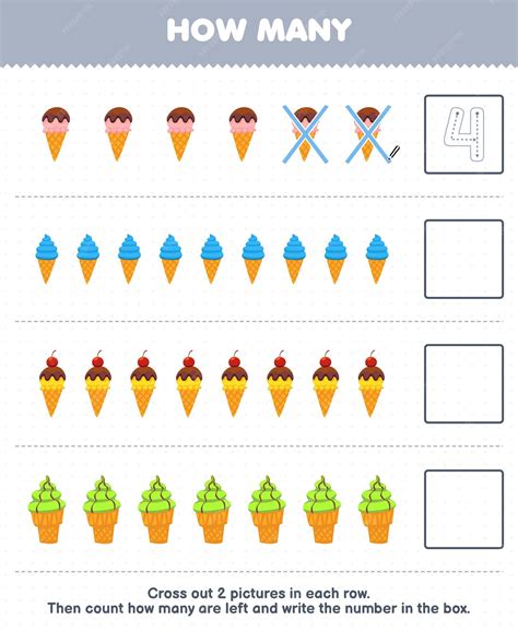 Premium Vector | Education game for children count how many cartoon ice cream and write the ...