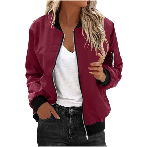 Amidoa Red Womens Coats Windbreaker Lined Zipper Jacket Light Color ...