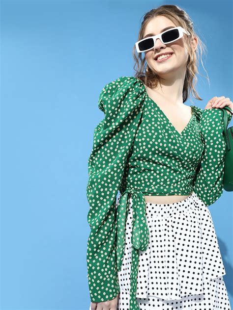 Women Green & White Floral Printed V-Neck Crepe Wrap Top - Berrylush