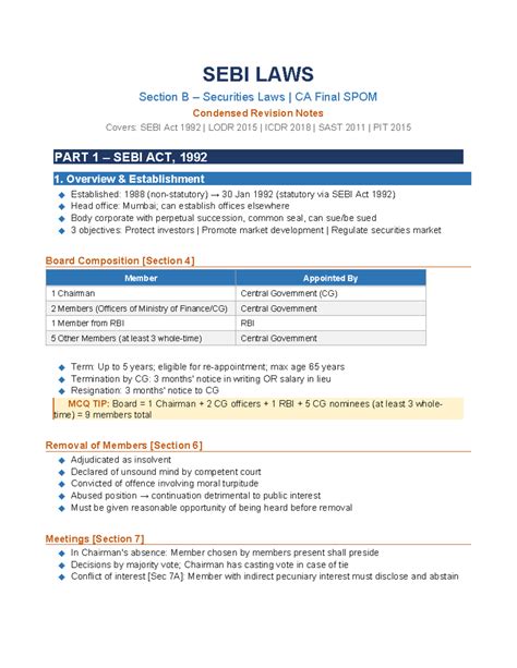 SEBI Laws Condensed Revision Notes for CA Final (SPOM) - Studocu