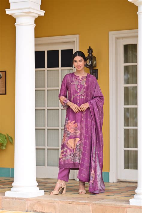 Purple Bandhani Fagun Pure Muslin Suit Set with Thredle and Yellow Pea ...