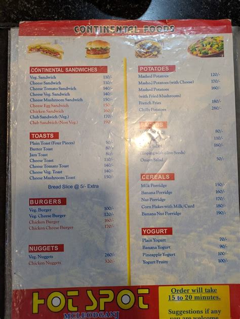 Menu at Hot Spot, Dharamshala, Main Square