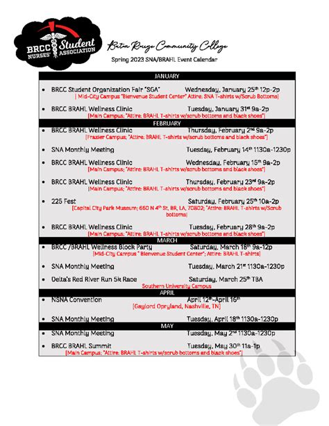 Spring 2023 SNA Event Calendar - Baton Rouge Community College Spring ...