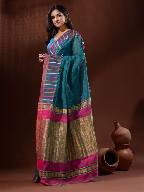 Teal Cotton Silk Handwoven Saree With Check Designs – Charukriti