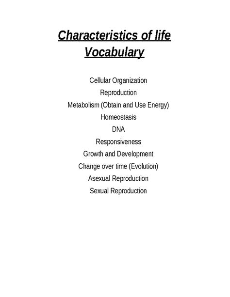 Biology Vocabulary 24' - Characteristics of life Vocabulary Cellular ...