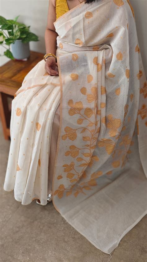 Off white and mustard jamdani saree – Beads N Borders