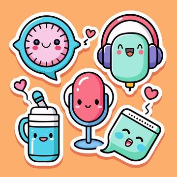 Cute cartoon stickers clock headphones microphone drink phone happy and ...