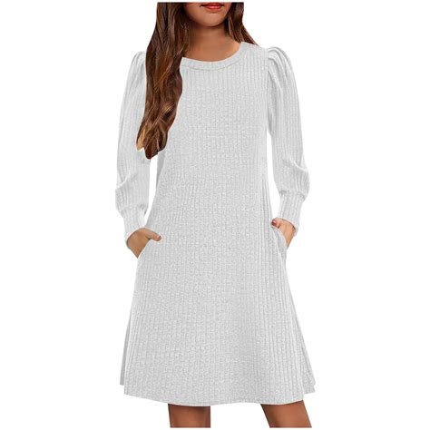 ameIAEA Kids Girls Fall Knit Dress Long Sleeve Crewneck A-Line Casual ...