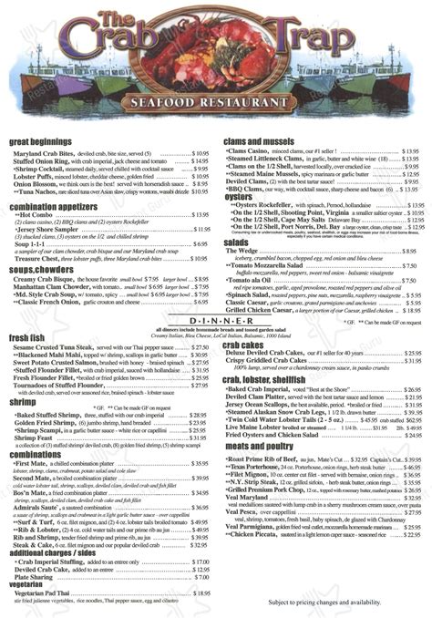 Menu at The Crab Trap pub & bar, Somers Point