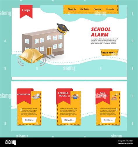 School alarm flat landing page website template. Homework, reading books, call to class. Web ...