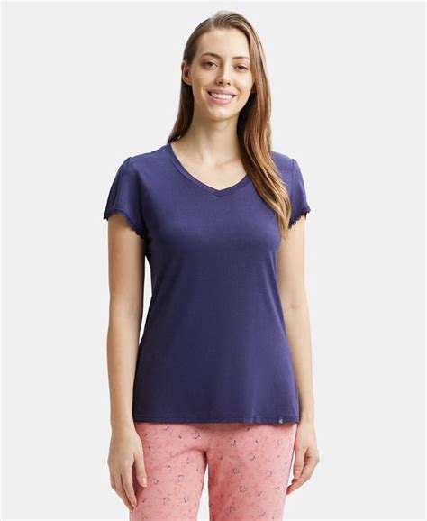 Buy Micro Modal Cotton Relaxed Fit Solid V Neck Half Sleeve T-Shirt ...