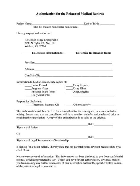 Reflection Ridge Chiropractic Authorization for form Release - Blank ...