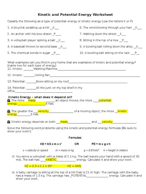 Image result for Kinetic Energy Worksheet Answer Key