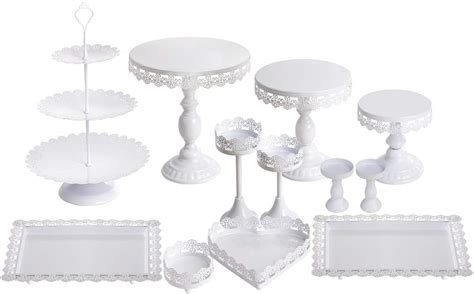 Buy Set of 12 Pieces White Metal Cake Stand Set and Pastry Trays Metal ...