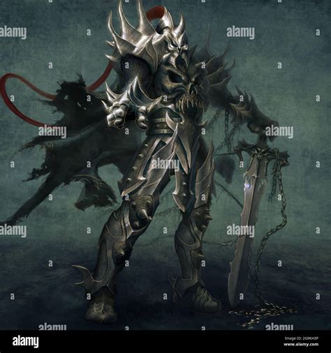 digital illustration of full figure fantasy dark knight in heavy armor Stock Photo - Alamy