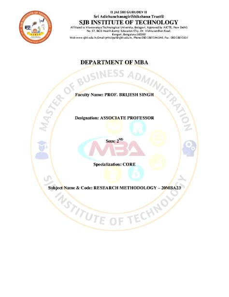 Research Methodology Overview - Subject Code 20MBA - Studocu