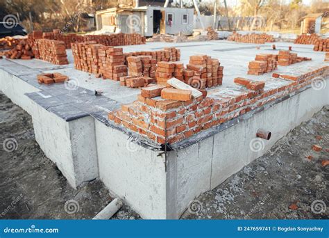 Bricks Masonry with Cement on Concrete Foundation, Process of House ...