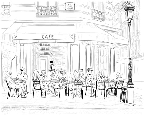 Paris Cafe Drawing. People Eat in Saint Michel at a Cafe. City Street Scene. Hand Drawn ...