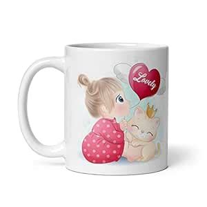 Buy Lovely Girl with cat White Ceramic Coffee Mug 325ml Online at Low ...