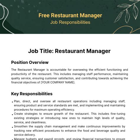 Free Restaurant Manager Job Responsibilities Template to Edit Online