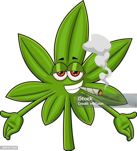Funny Marijuana Leaf Cartoon Character Smoking A Joint With Opened Arms ...