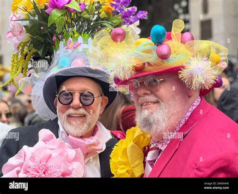 New York, United States. 31st Mar, 2024. Colorful hats and costumes are ...