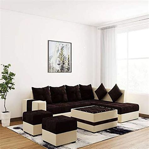 Steffan L Shape 8 Seater Fabric Sofa Set with Centre Table and 2 Puffy ...