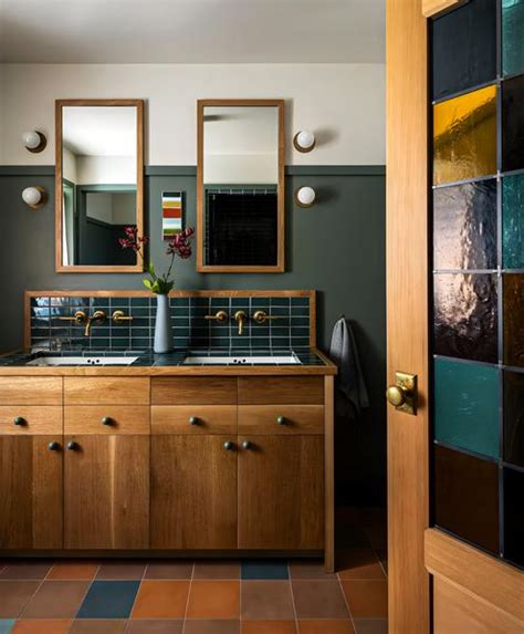 Artistic Bathroom with Colorful Stained Glass and Wood Details