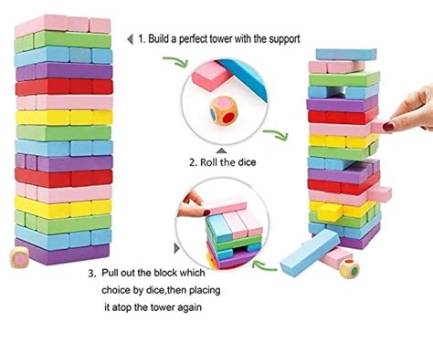 54 Pcs Colour Zenga Wooden Blocks Tumbling Tower Pieces Challenging Se ...
