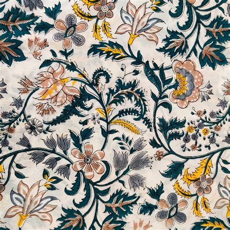 Pure Cotton Jaipuri White With Grey Teal Yellow And Light Peach Wild F ...