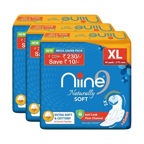 Buy NIINE Naturally Soft XL Sanitary Pads (Pack of 3) 120 Pads Extra ...