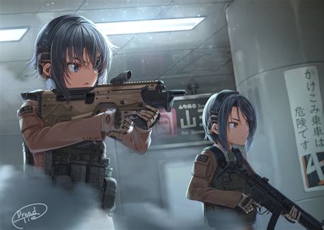 two women, machine gun, anime guns, weapon, blue eyes, girls with guns ...