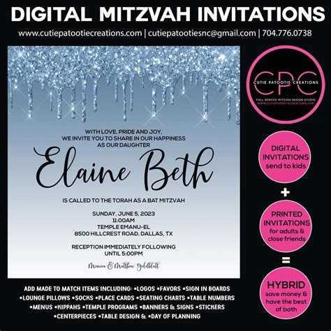 Dripping Glitter Blue Digital Bat Mitzvah Invitation