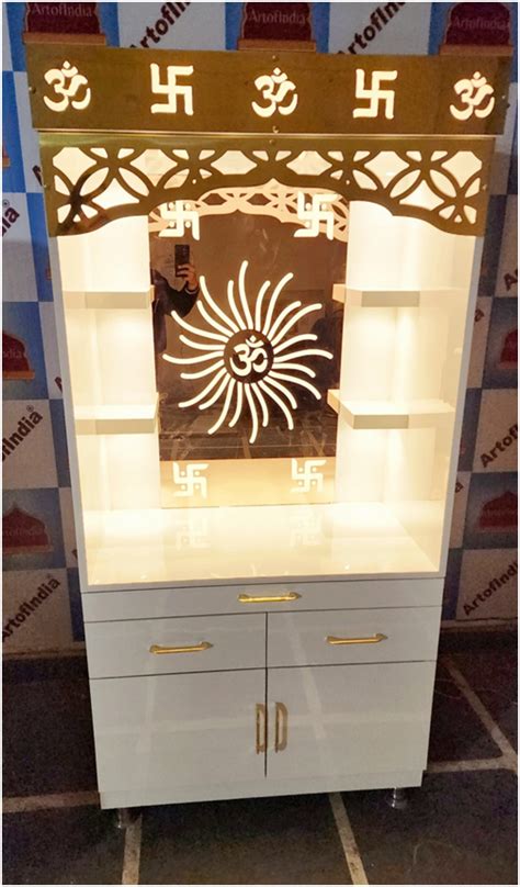 ARTOFINDIA/ Elegant Designer White Wooden Mandir Glass (OM) Design Bac ...