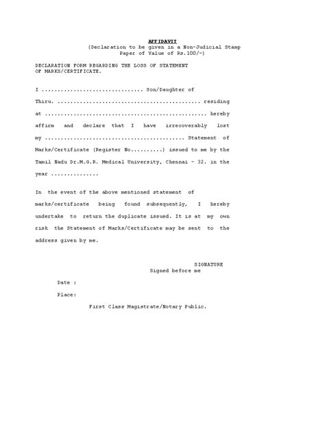 Affidavit for loss of certificate - AFFIDAVIT (Declaration to be given ...