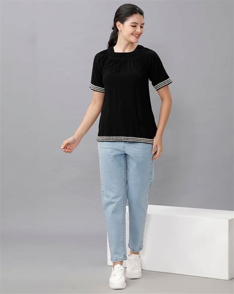 Identiti Women Solid Indo Western top with smocking - Black