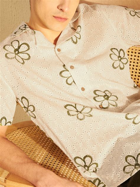 Cream & Green: Self Design Schiffli Casual Shirt – Dennison Fashion India