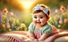 baby girl with chubby cheeks and a cheerful smile, lying on a soft ...