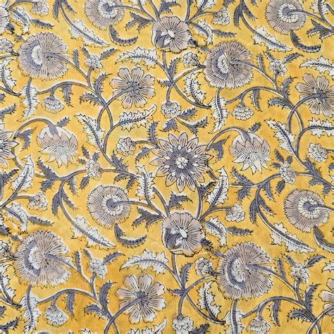 Pure Cotton Jaipuri Mustard With Grey Flower Jaal Hand Block Print Fab ...