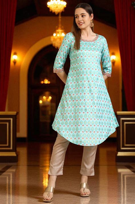 Buy Blue Floral Printed Shantung A-line Kurta Online for Woman | Shop ...