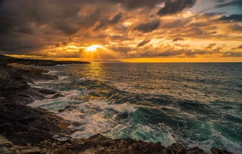 Wallpaper sea, wave, the sky, clouds, rays, light, rocks, Spain for ...