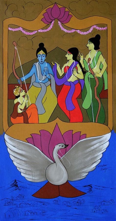"Ramchandra On Pushpak Viman": Blue Violet Acrylic Painting by Chetan ...