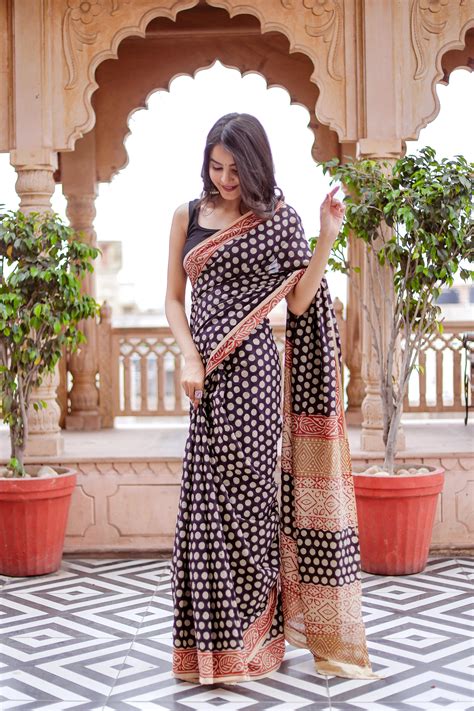Polka Dot Bagru Bagh Block Print Pure Cotton Saree – Jaipur Tex